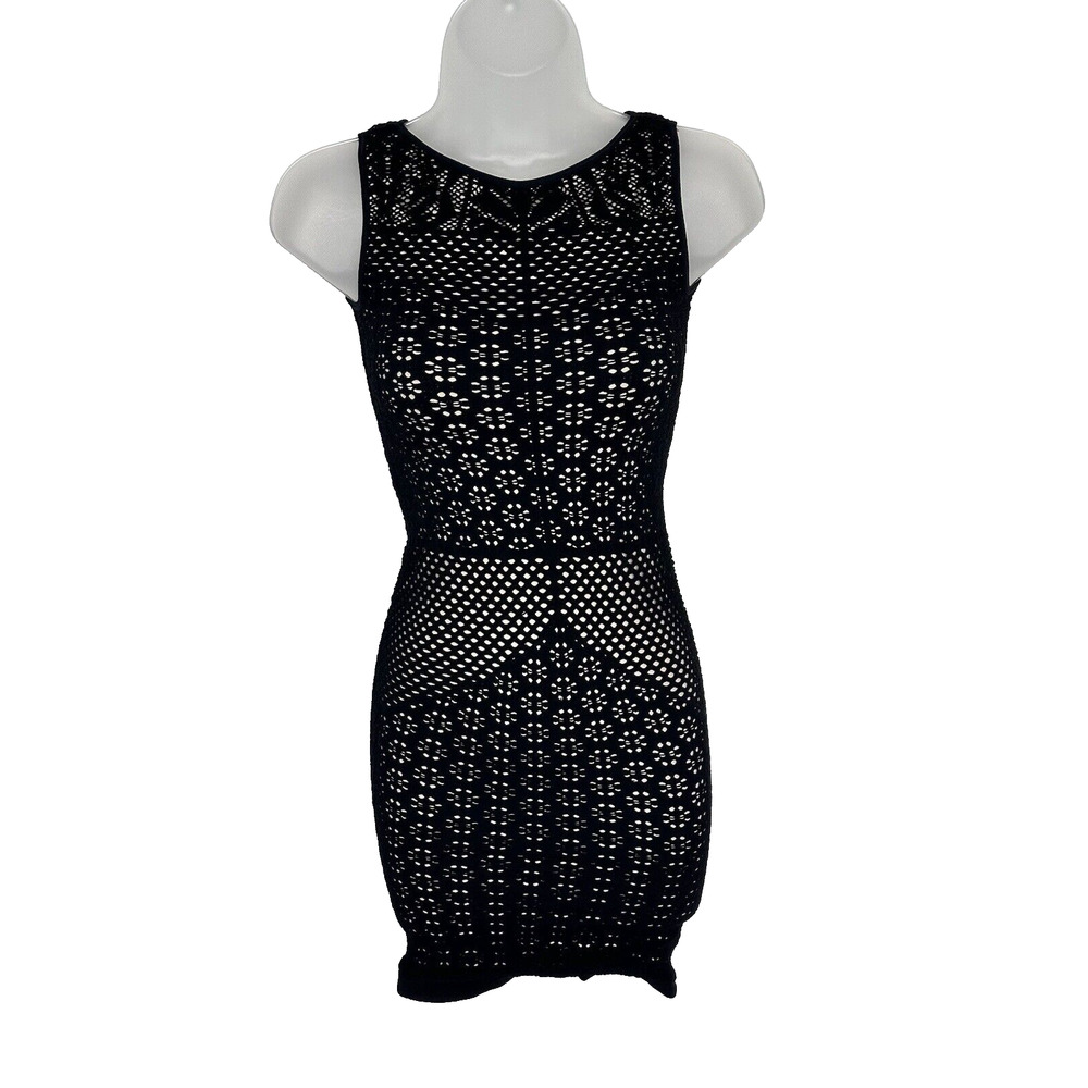 NWOT! Intimately Free People Bodycon Tank Dress Crochet Knit Black Tan Size XS/S